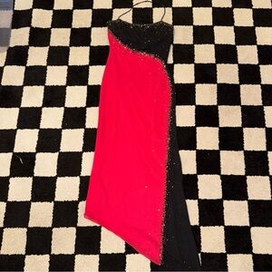 Precious Formals Y2K Pink & Black Rhinestone Asymmetrical Prom Dress